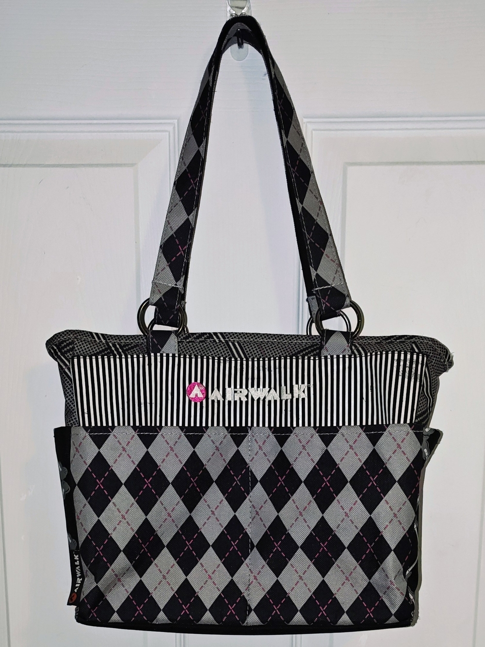 Airwalk Y2K Guitar Detail On Black & Gray Canvas With Pink Argyle Print Bag